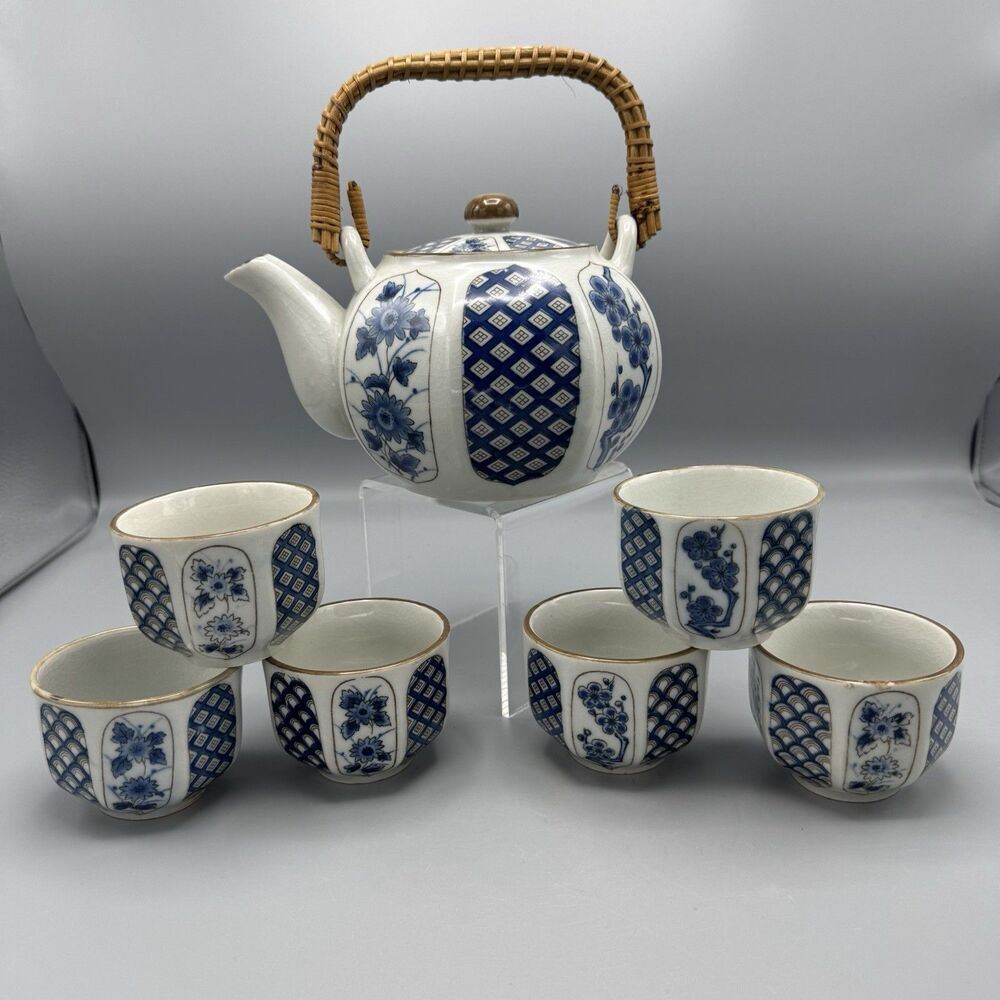 Vintage OMC Otagiri Teapot & 6 Cup Set Japan Blue & White Flower Rattan Handle
